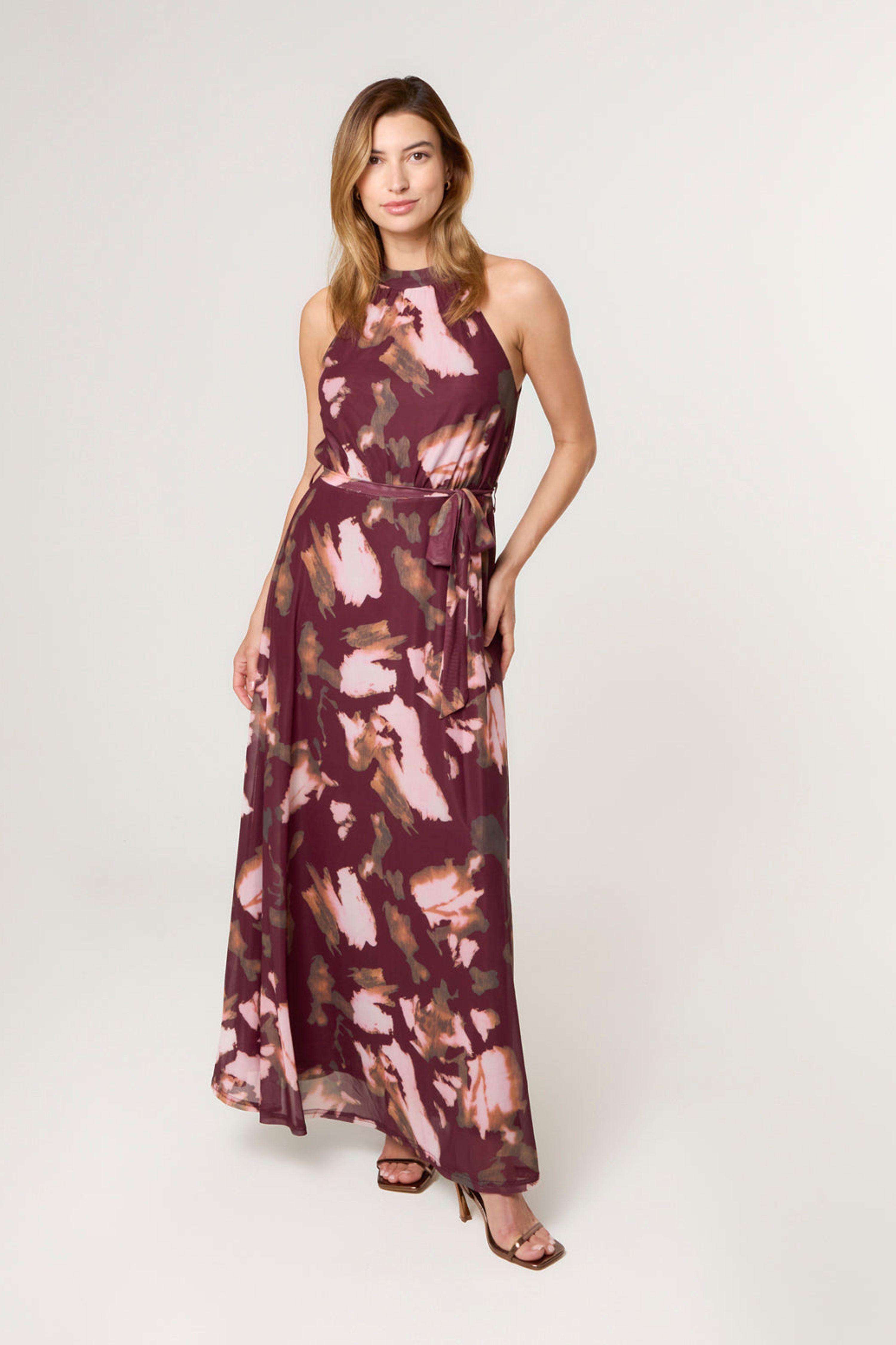 Wine Mesh Halter Neck Belted Maxi Dress by BLUE VANILLA