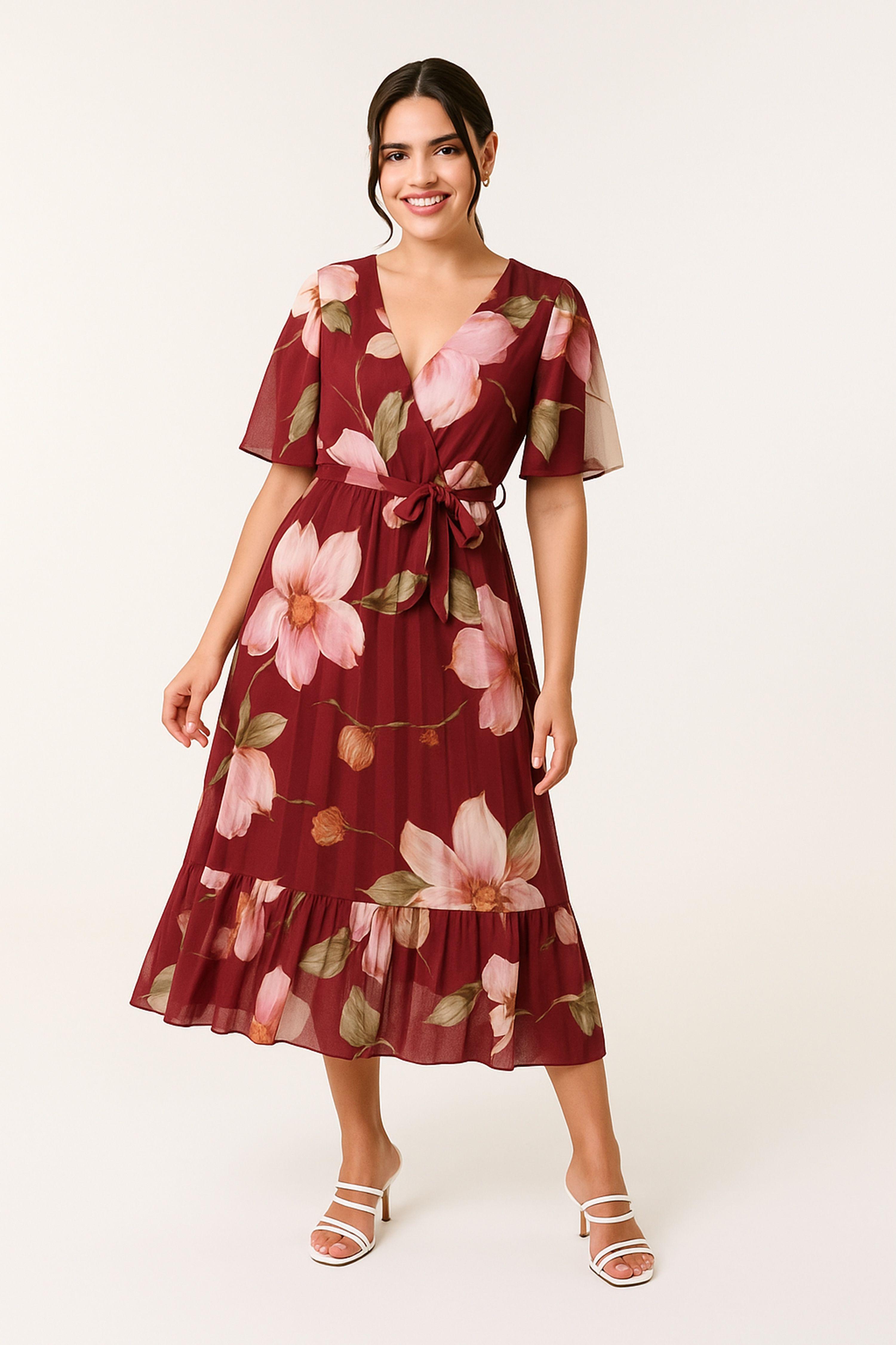 Wine Watercolour Floral Printed Wrap Front Pleated Dress by BLUE VANILLA