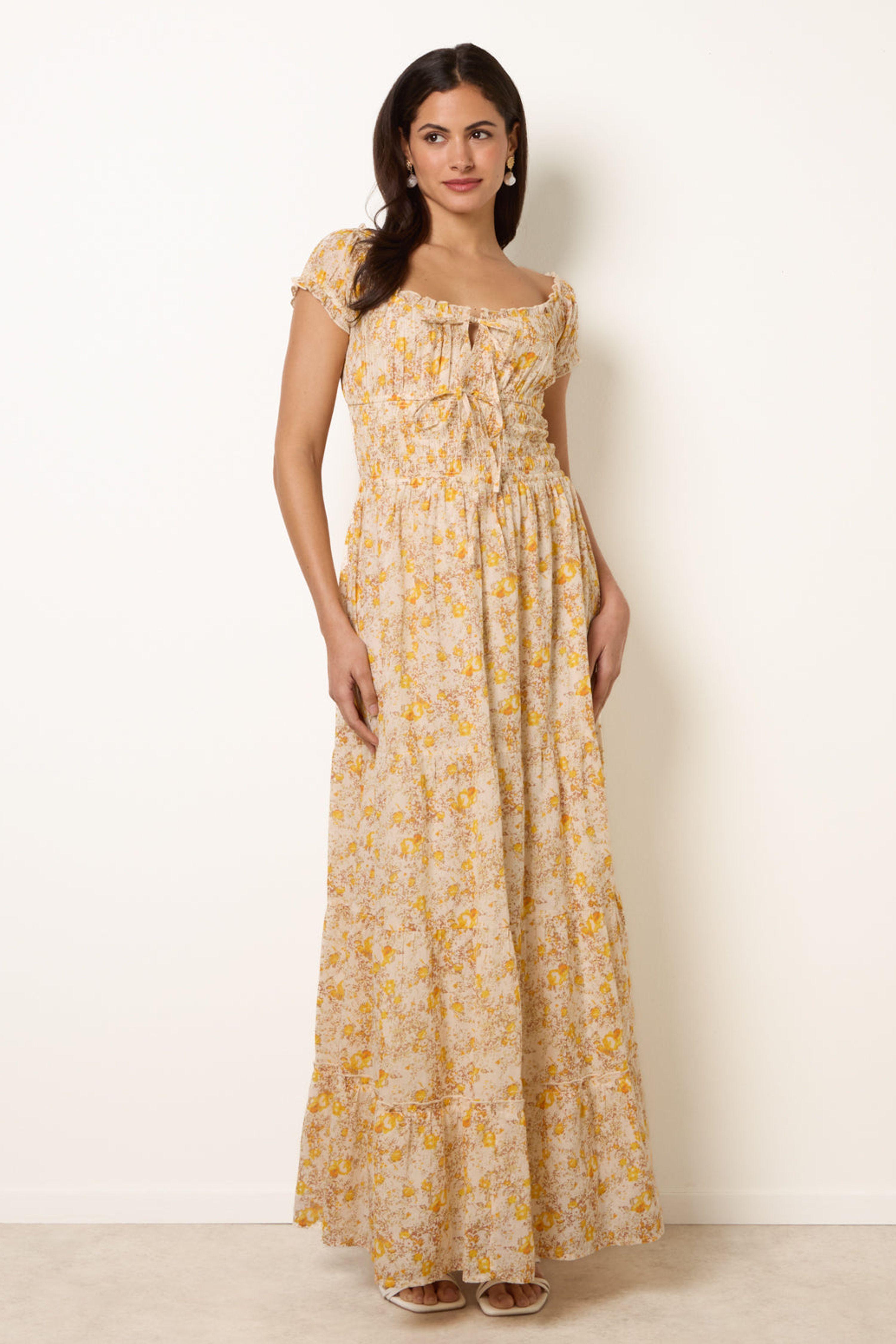 Yellow Double Front Tie Shirred Ditsy Floral Maxi Dress by BLUE VANILLA