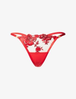 Lavanya Floral-Embroidered Stretch-Mesh Thong by BLUEBELLA