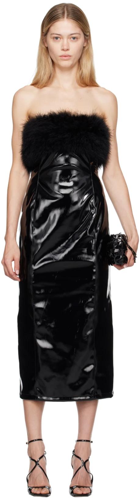 Black Marabou Feather Faux-Leather Midi Dress by BLUMARINE