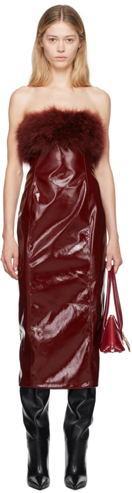 Burgundy Marabou Feather Faux-Leather Midi Dress by BLUMARINE