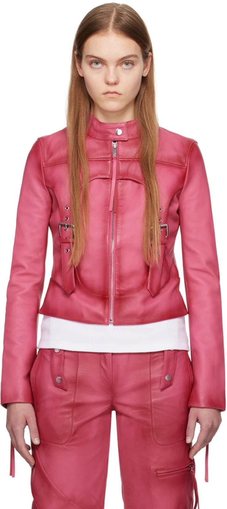 Pink Guêpière Leather Biker Jacket by BLUMARINE