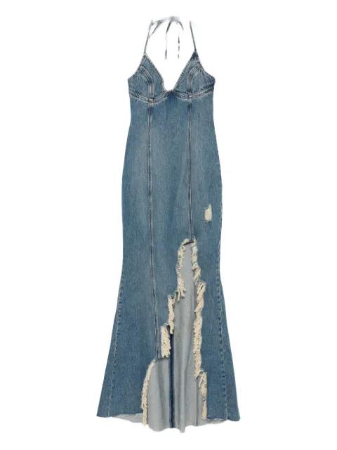 halter-neck frayed-hem denim dress by BLUMARINE