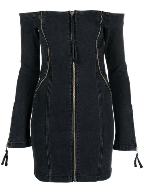off-shoulder zip-up denim dress by BLUMARINE