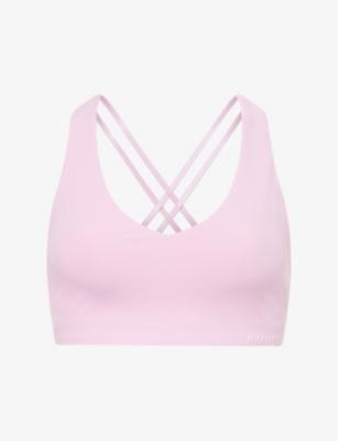 Embossed-Logo V-Neck Stretch-Woven Sports Bra by BO+TEE