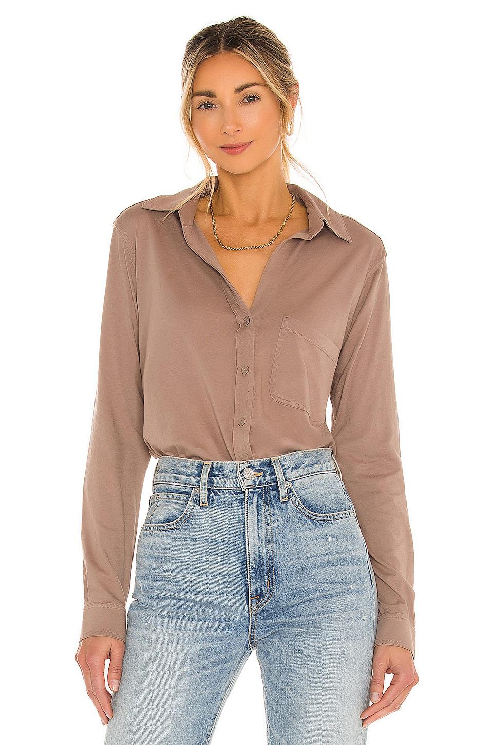 Bobi Light Weight Jersey Button Up in Brown by BOBI