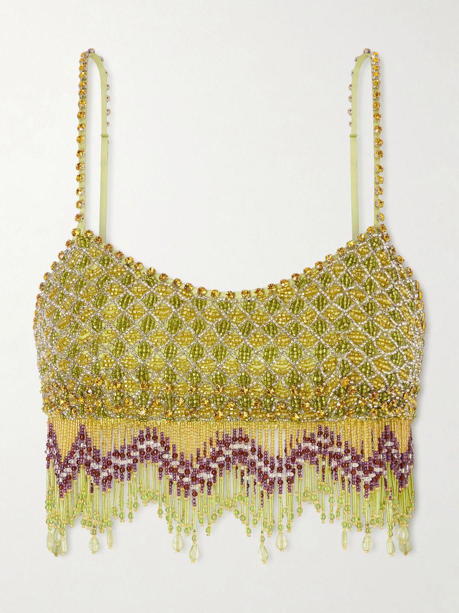 Bottleglass cropped fringed beaded satin top by BODE