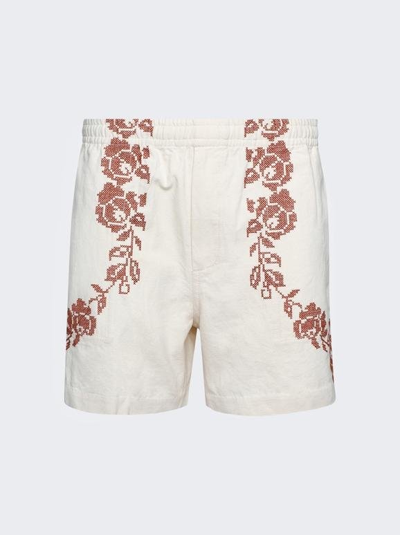 Cross Stitched Rose Garland Shorts Brown And White  | The Webster by BODE