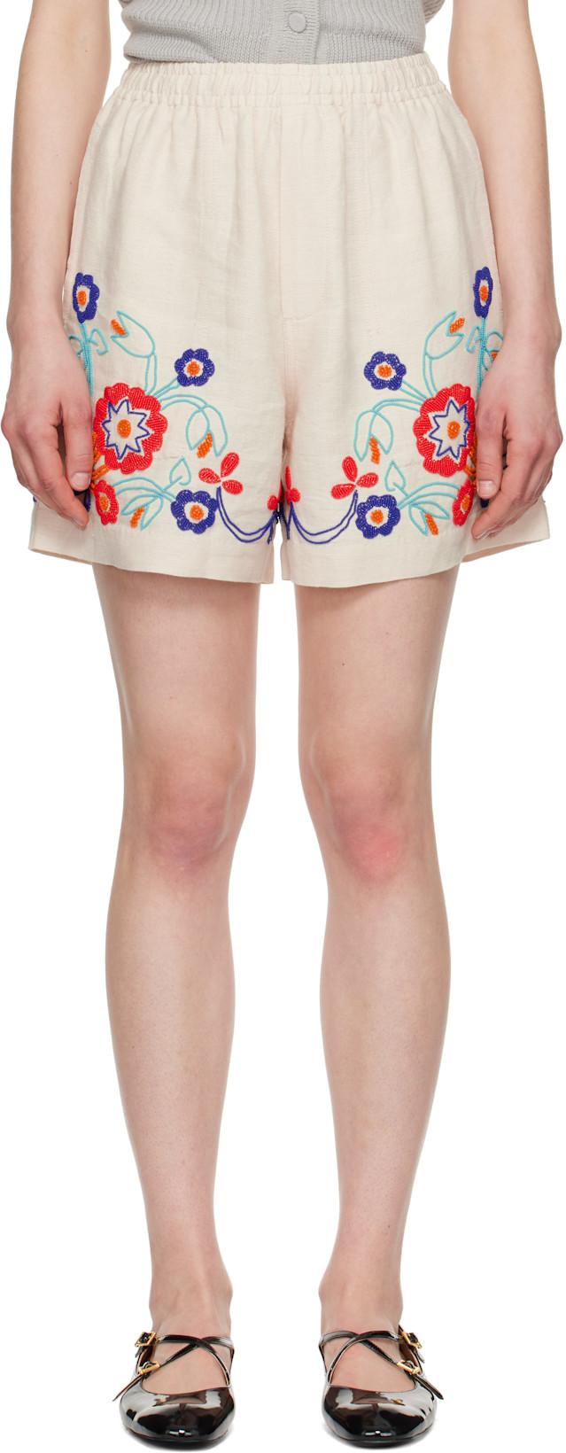 Off-White Beaded Garden Party Shorts by BODE