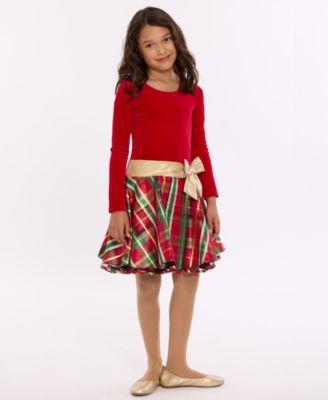 Girls 2T-6X Long Sleeve Velvet to Plaid Hipster Dress by BONNIE JEAN