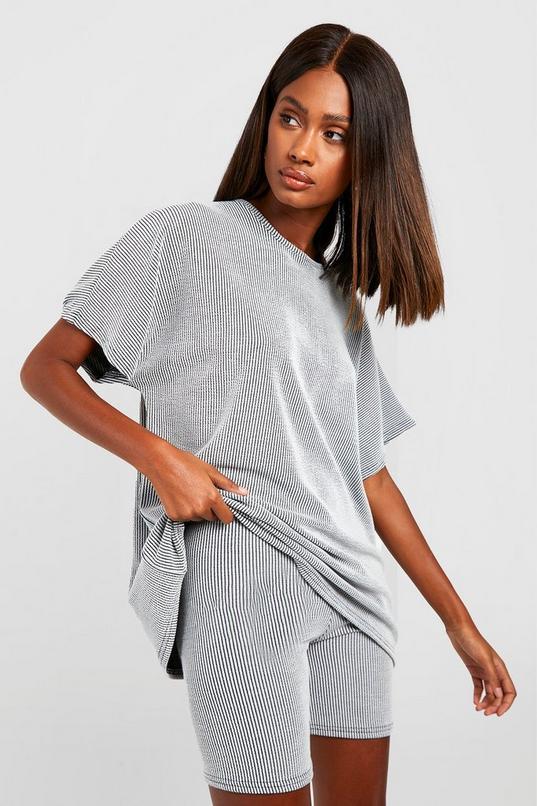 2 Tone Rib Oversized T-shirt & Cycling Short Set by BOOHOO