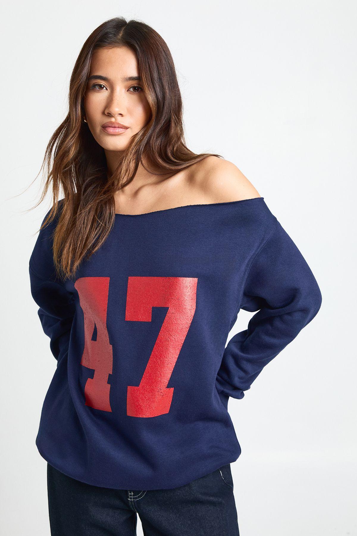 47 Printed Off The Shoulder Sweatshirt by BOOHOO