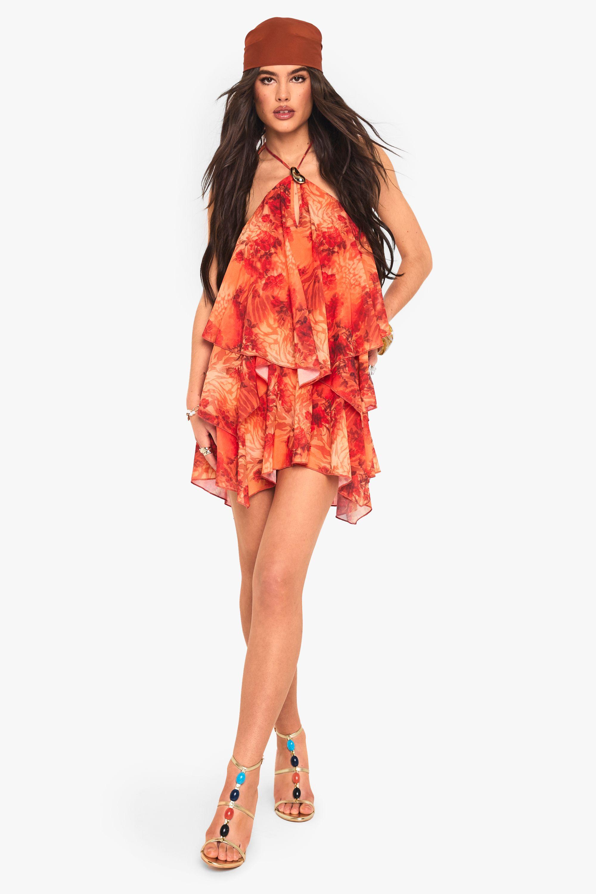 Abstract Halterneck Tiered Mini Dress by BOOHOO