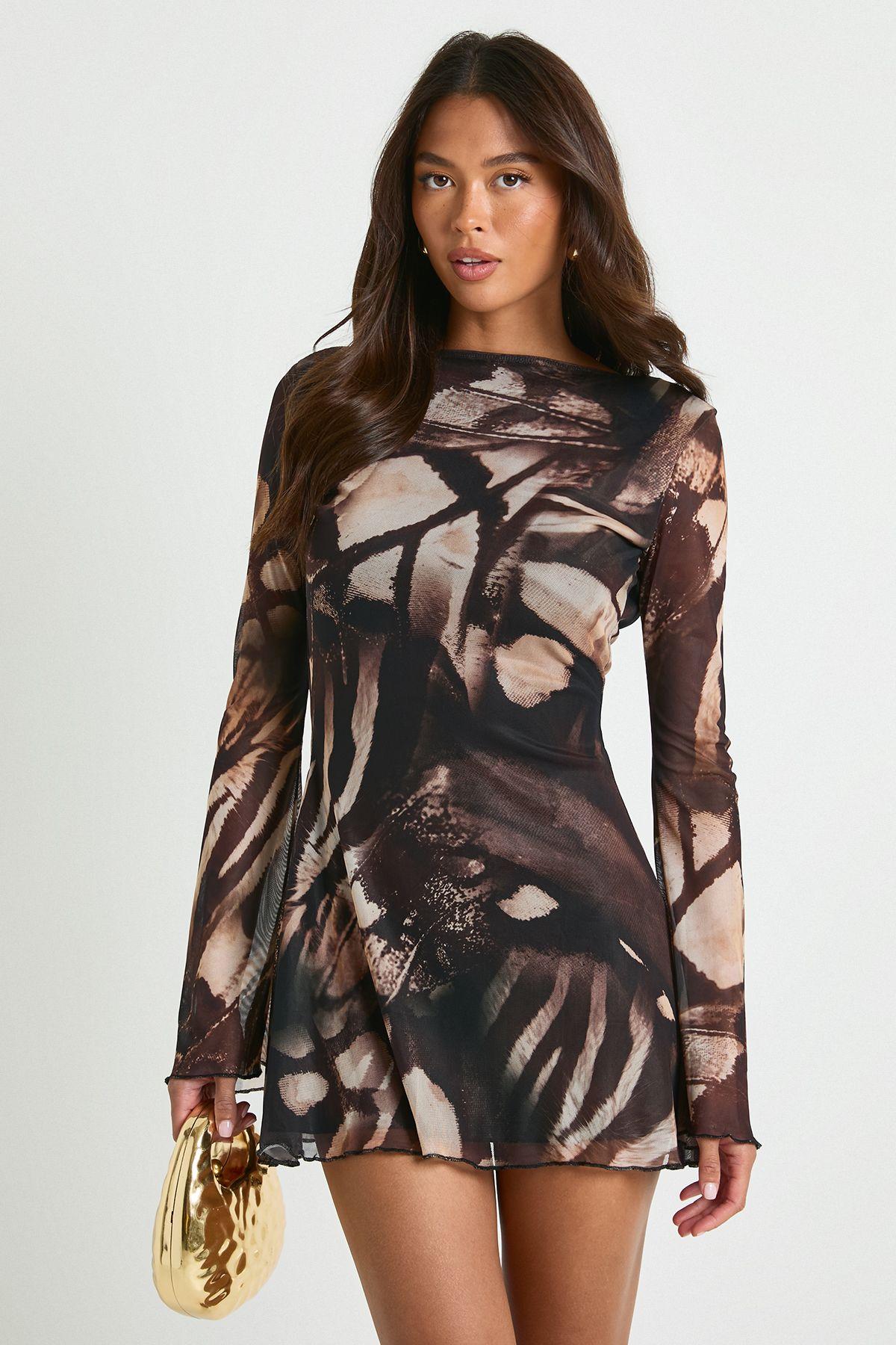 Abstract Mesh Flare Sleeve Mini Dress by BOOHOO