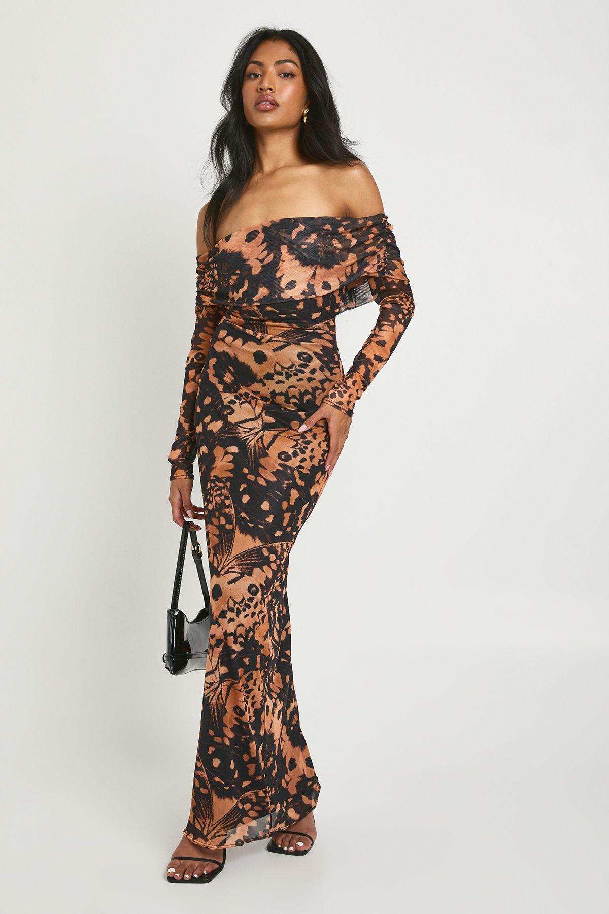 Abstract Printed Bardot Maxi Dress by BOOHOO