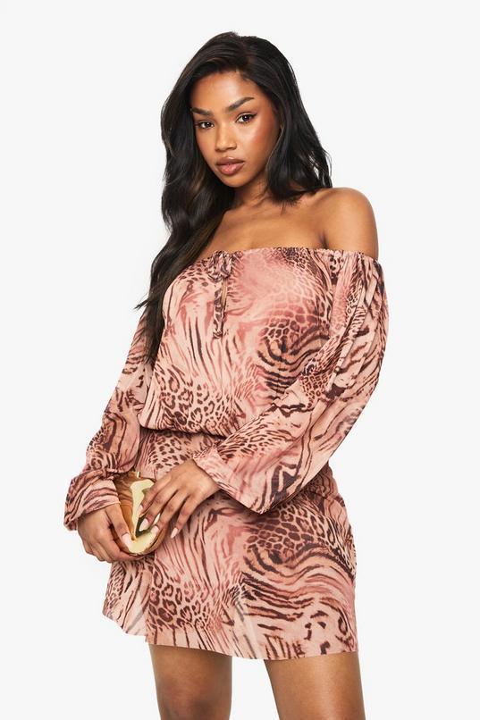 Animal Mesh Blouson Mini Dress by BOOHOO