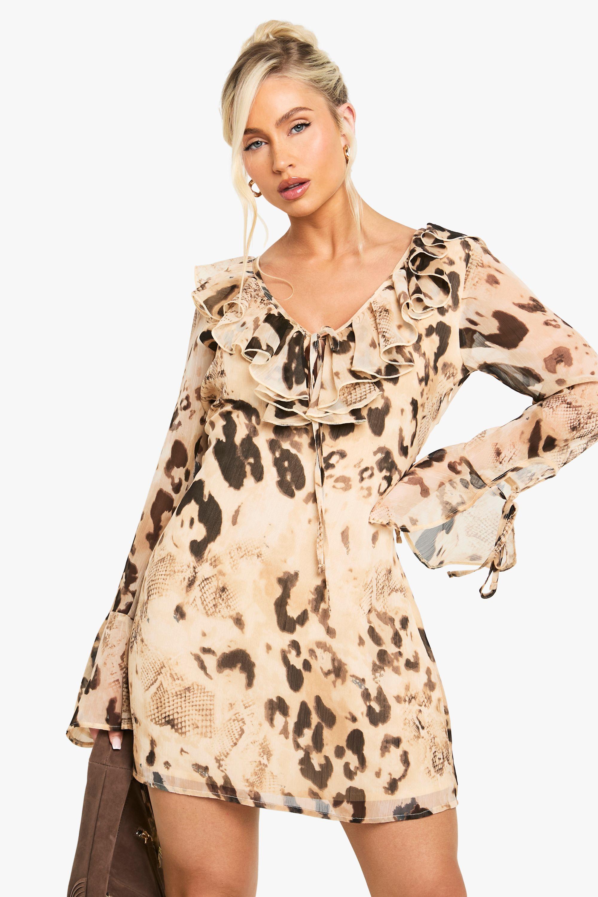 Animal Printed Chiffon Ruffle Shift Dress by BOOHOO