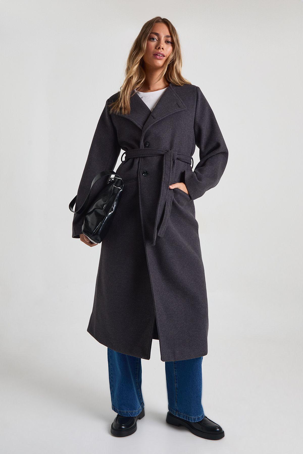 Asymmetric Belted Longline Wool Look Coat by BOOHOO