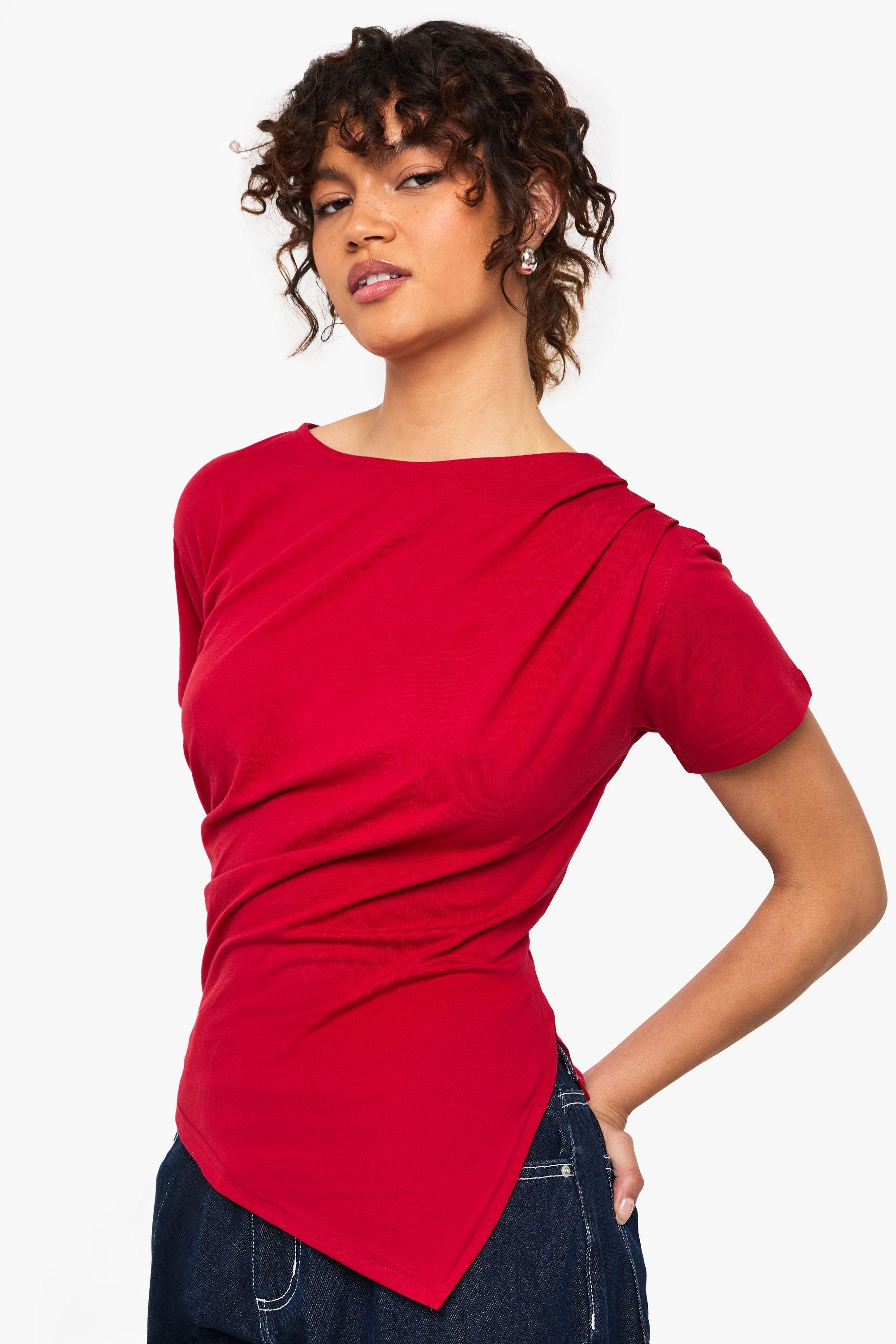 Asymmetric Hem Cinched Waist T-shirt by BOOHOO