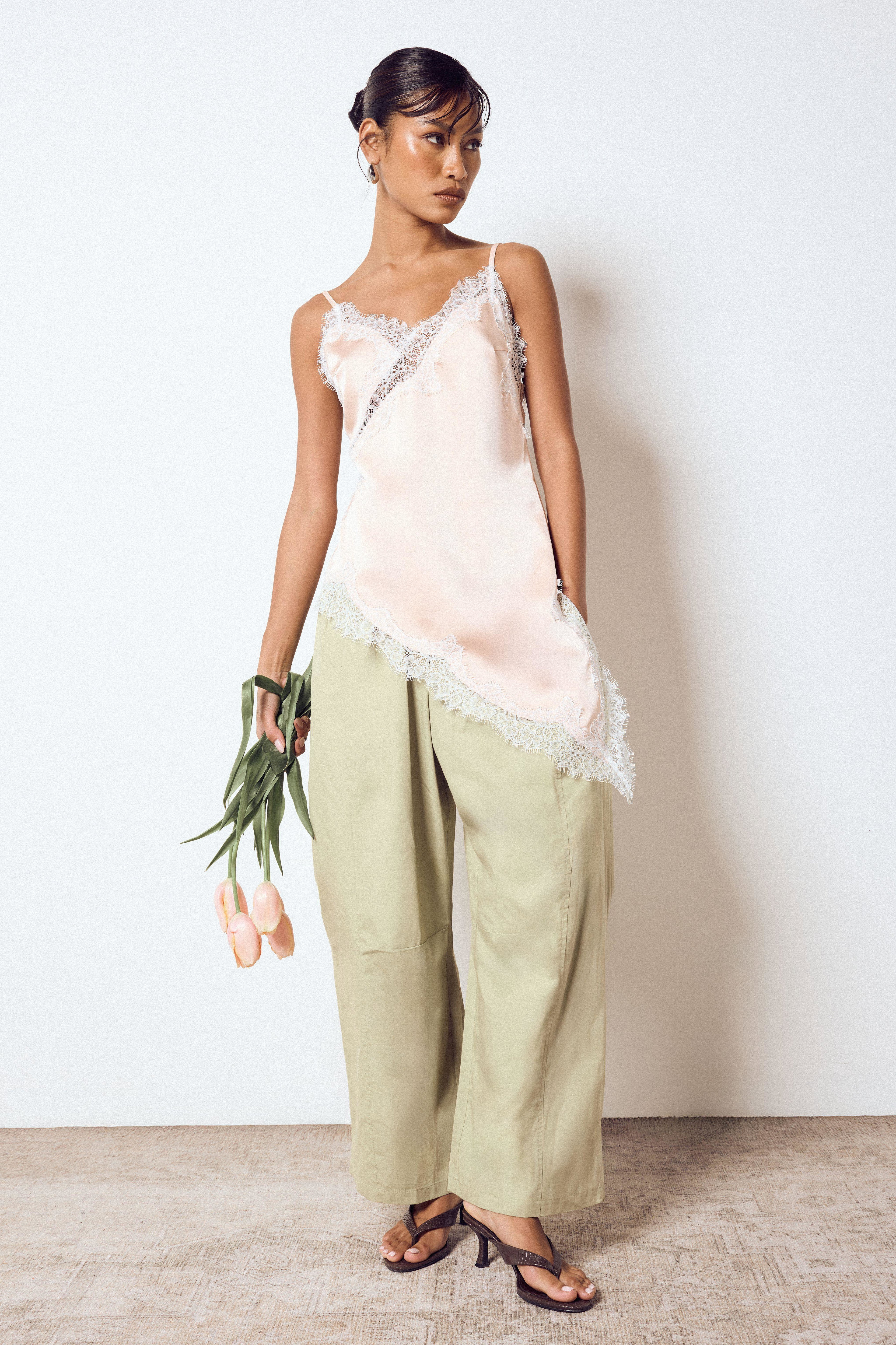 Asymmetric Hem Lace Satin Cami Top by BOOHOO