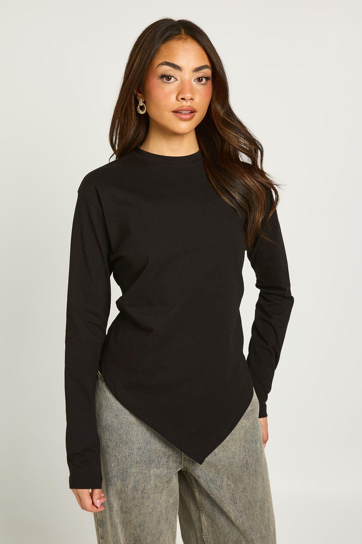 Asymmetric Hem Long Sleeve T-Shirt by BOOHOO