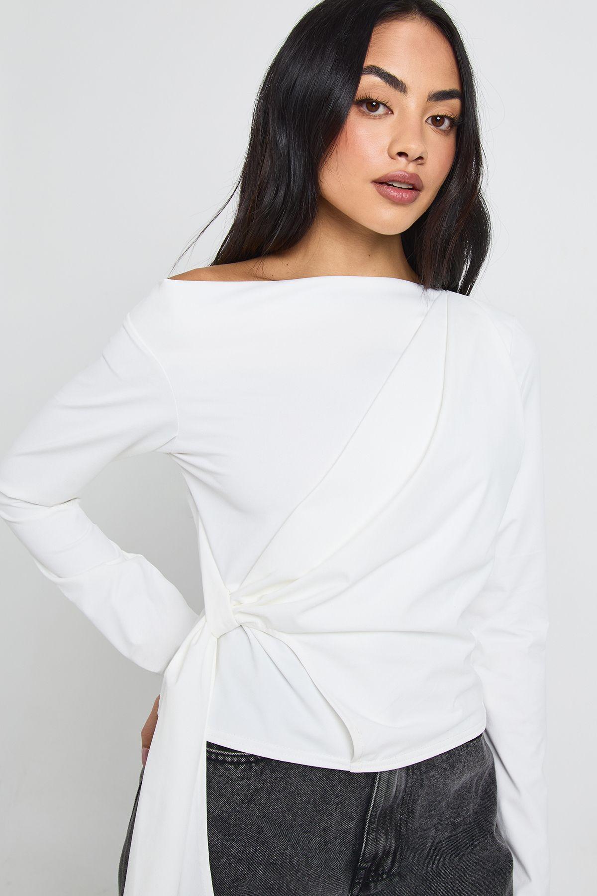 Asymmetric Neck Drape Detail Long Sleeve Top by BOOHOO
