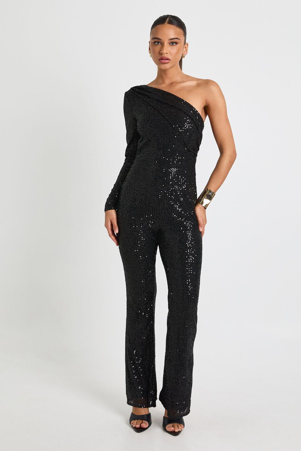 Asymmetric Sequin Wide Leg Jumpsuit by BOOHOO