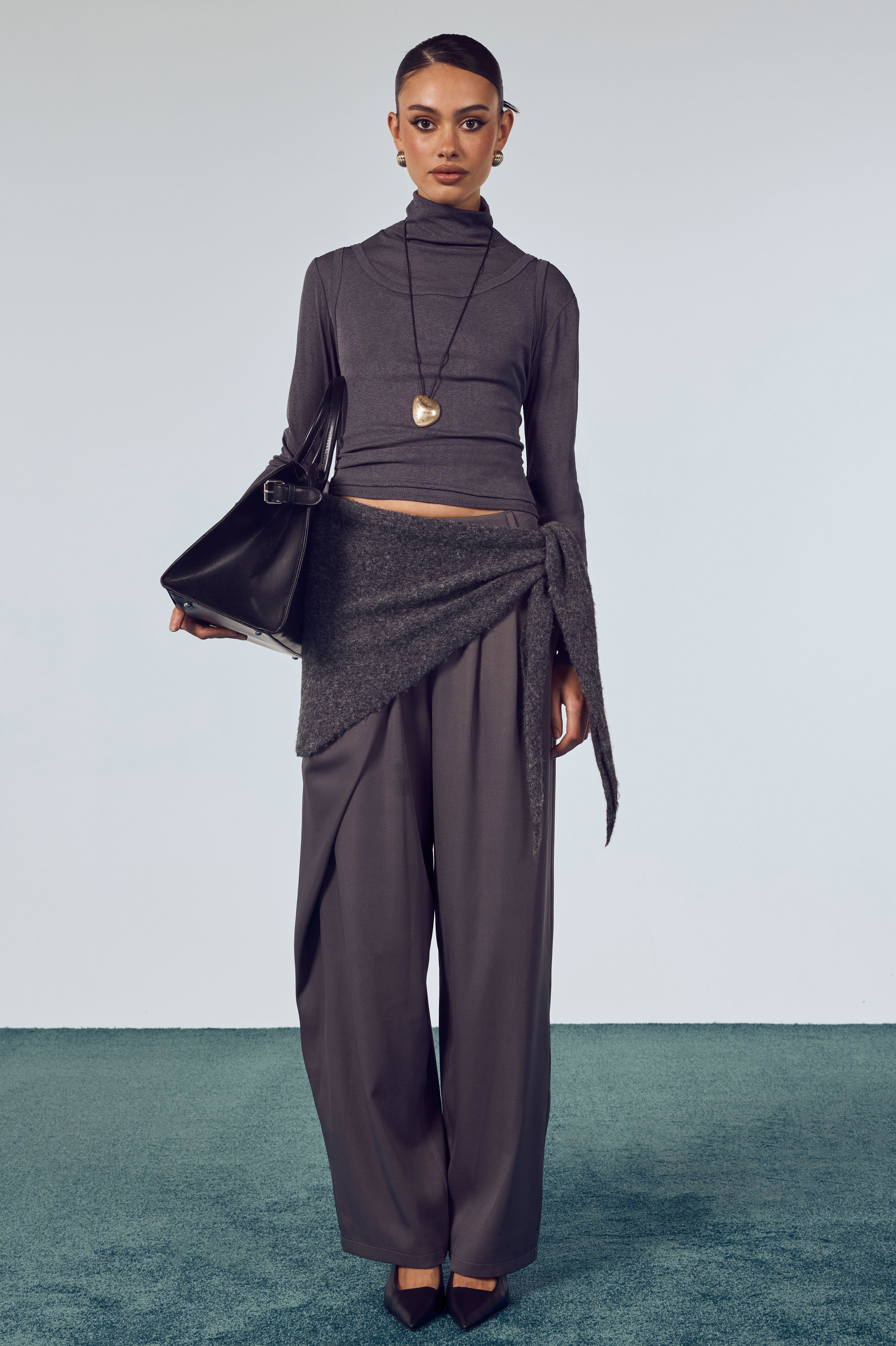 Asymmetric Waistband Pleated Wide Leg Trousers by BOOHOO