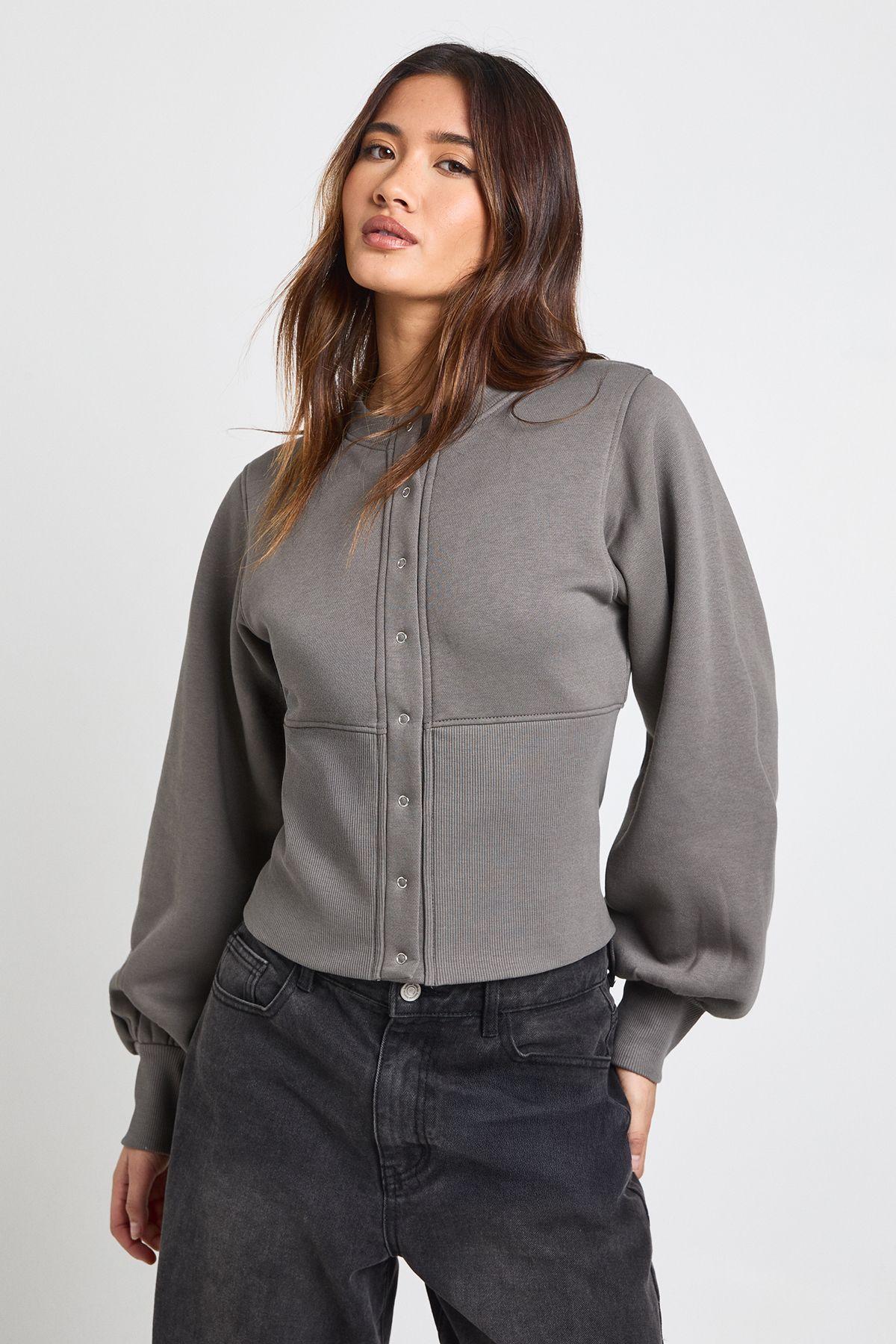 Balloon Sleeve Cinched Waist Popper Sweatshirt by BOOHOO