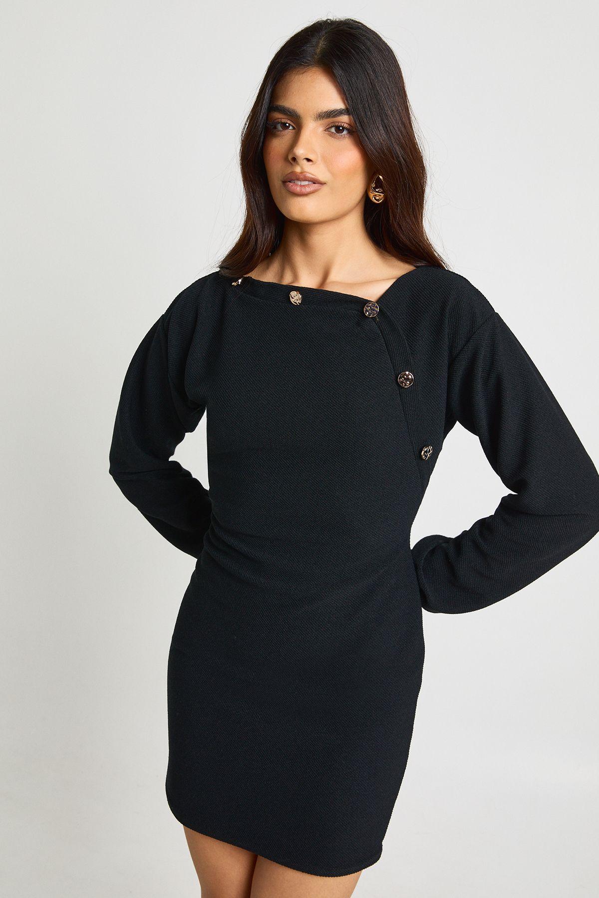 Balloon Sleeve Gold Button Bluson Mini Dress by BOOHOO