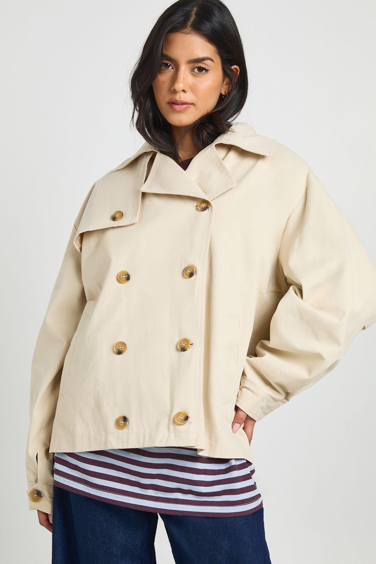 Balloon Sleeve Short Trench Coat by BOOHOO