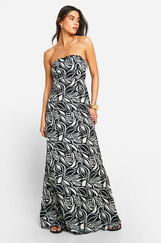 Bandeau Leaf Print Linen Look Maxi Dress by BOOHOO Bandeau Leaf Print Linen Look Maxi Dress by BOOHOO