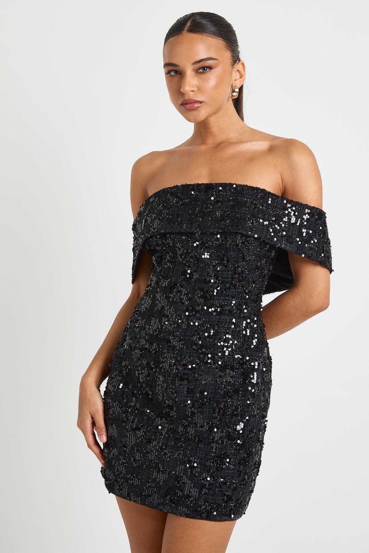 Bardot Boucle Sequin Shift Mini Dress by BOOHOO