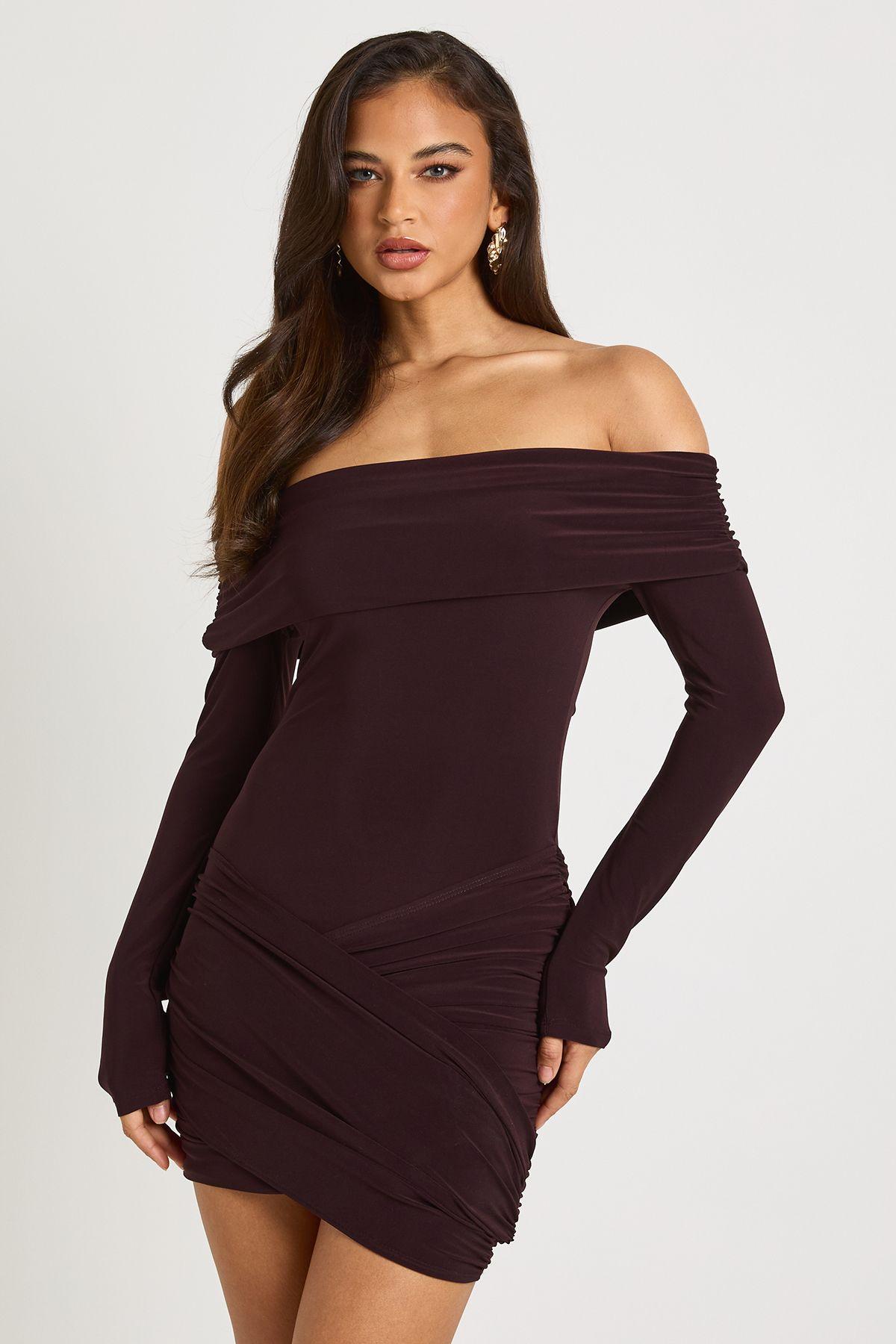 Bardot Drape Detail Long Sleeve Mini Dress by BOOHOO