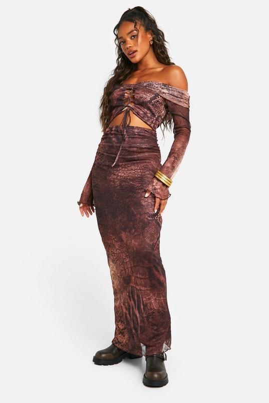Bardot Tie Detail Cut Out Snake Print Mesh Maxi Dress by BOOHOO Bardot Tie Detail Cut Out Snake Print Mesh Maxi Dress by BOOHOO