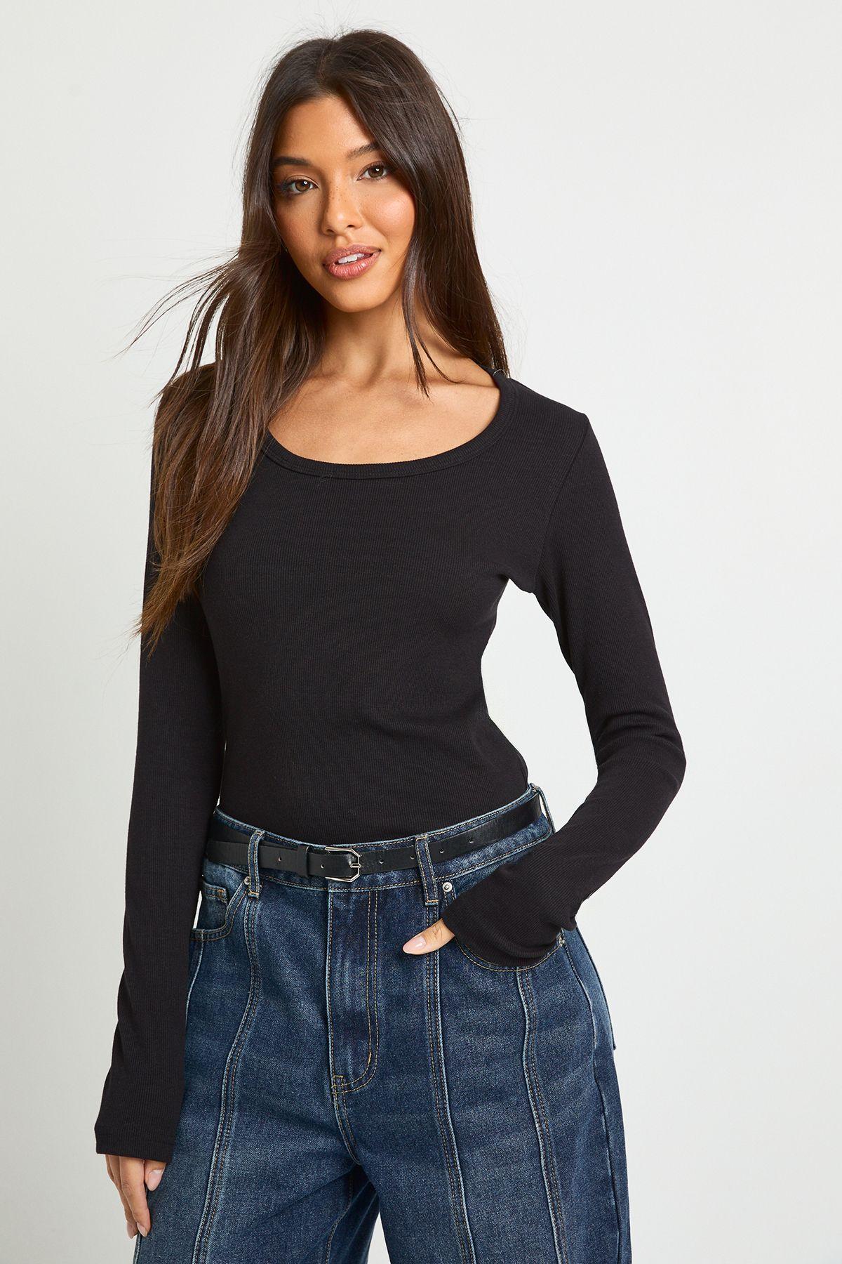 Basic Rib Scoop Neck Fitted Long Sleeve Top by BOOHOO