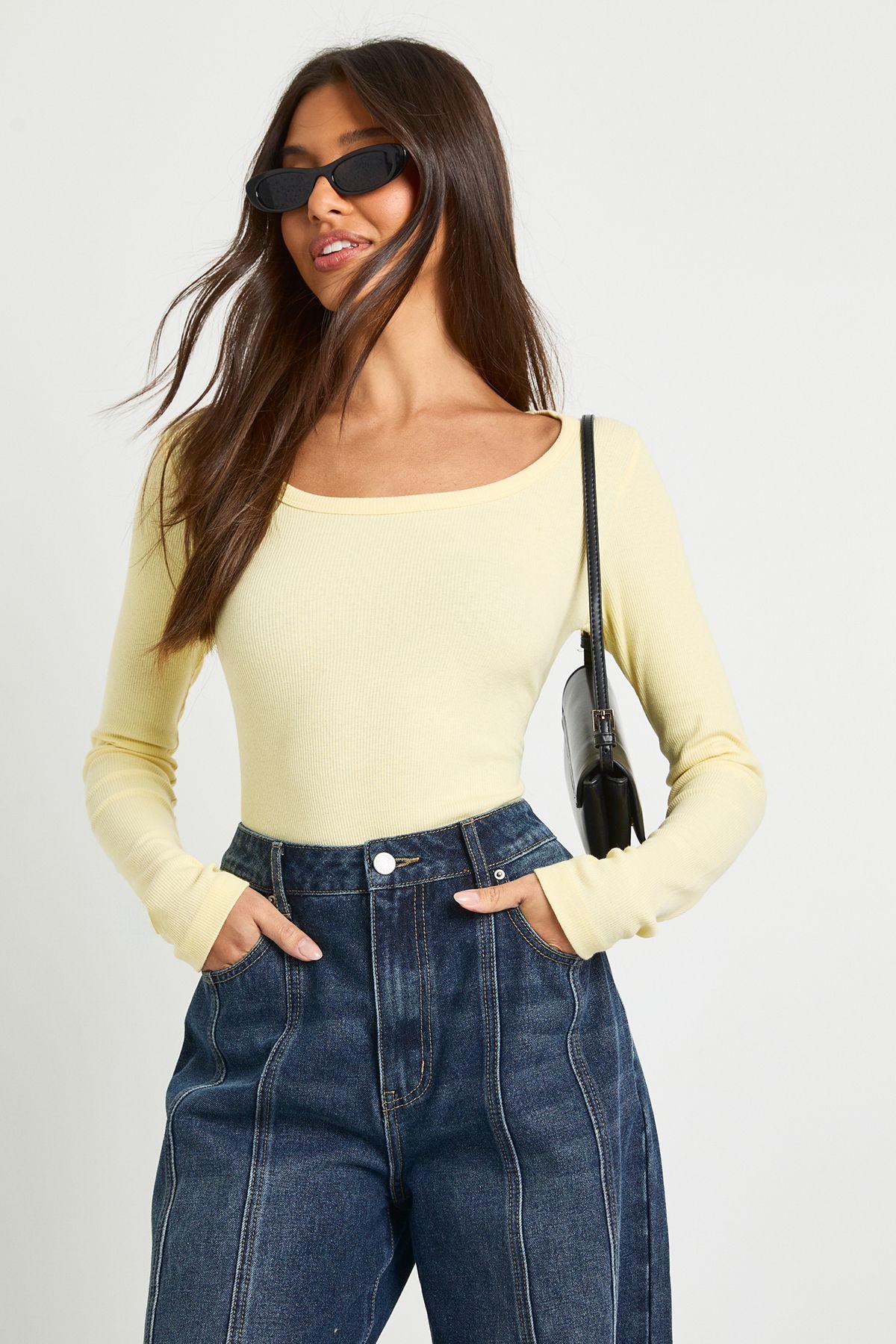 Basic Rib Scoop Neck Fitted Long Sleeve Top by BOOHOO Basic Rib Scoop Neck Fitted Long Sleeve Top by BOOHOO
