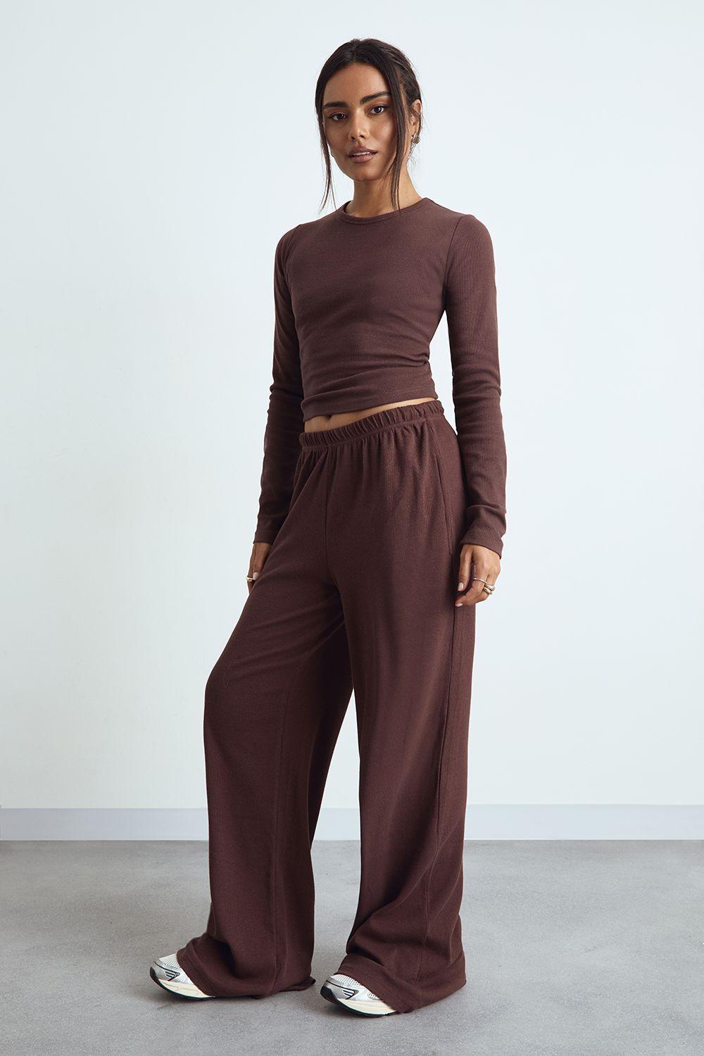 Basic Rib Wide Leg Trouser by BOOHOO Basic Rib Wide Leg Trouser by BOOHOO