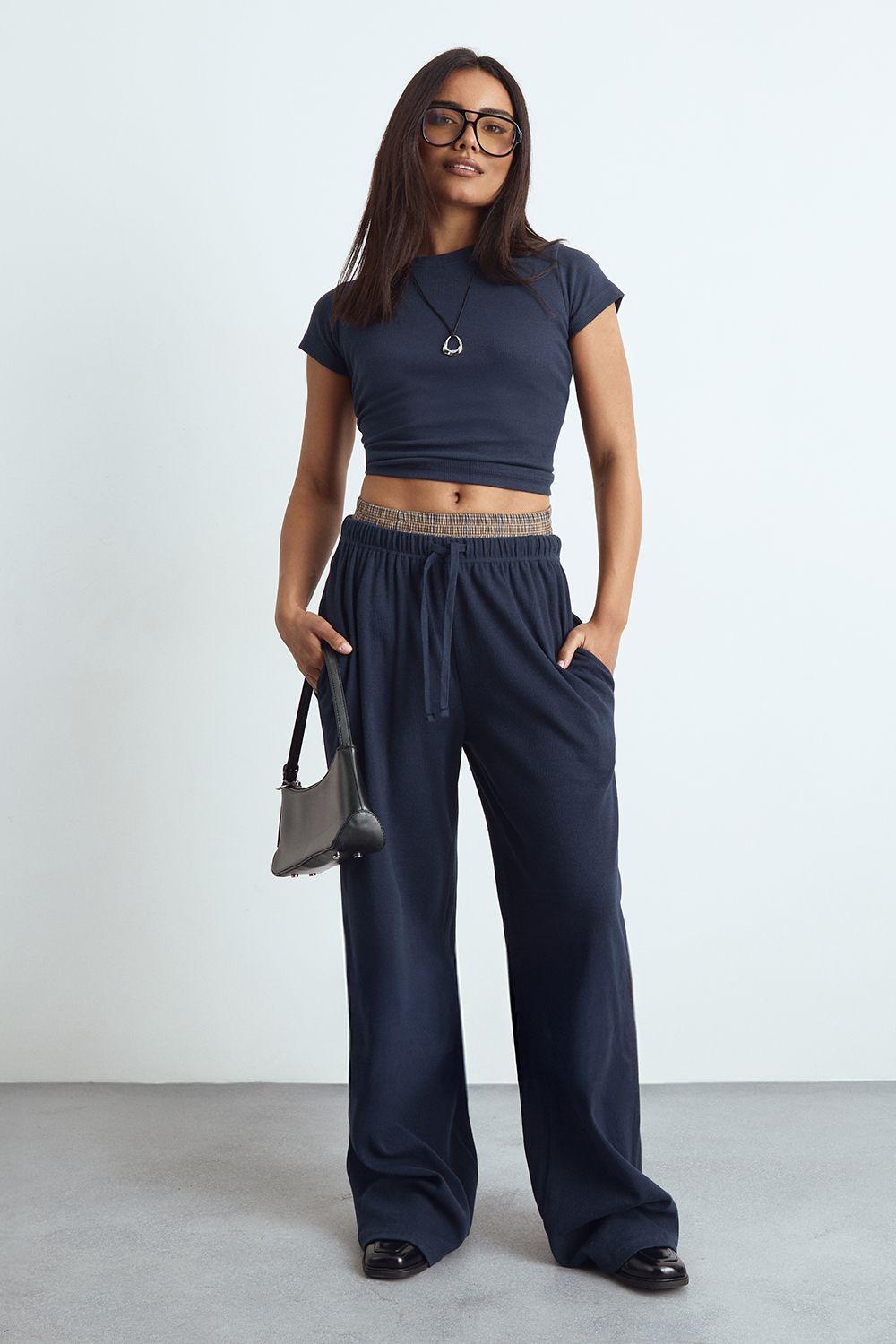 Basic Rib Wide Leg Trouser by BOOHOO