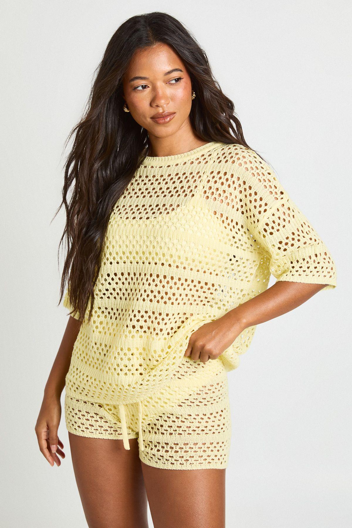 Beach Crochet Oversized Knitted Top and Knicker Short Set by BOOHOO