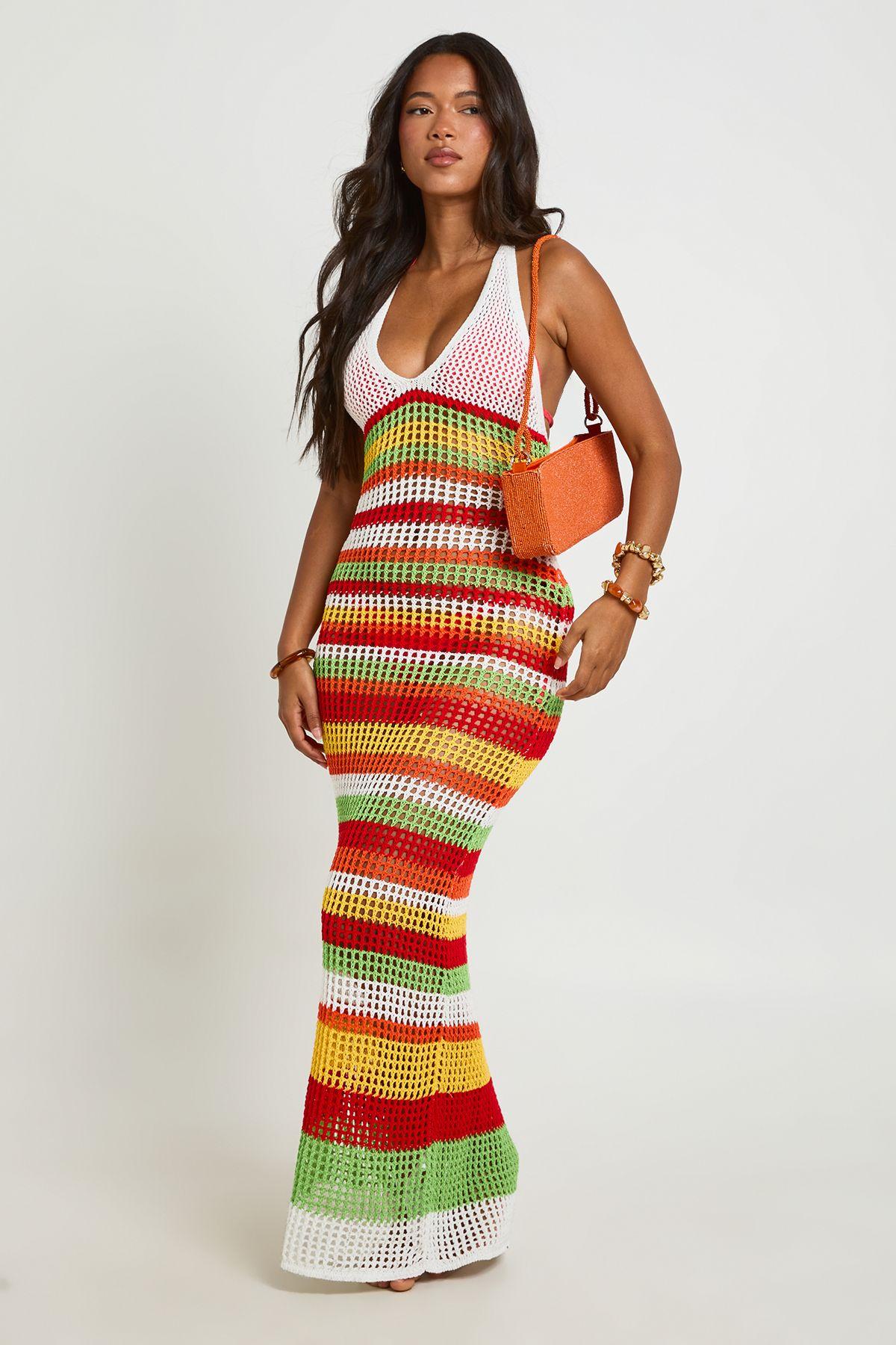 Beach Crochet Stripe Knitted Maxi Dress by BOOHOO