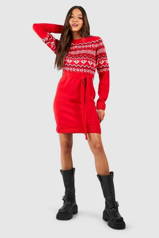 Belted Fairisle Christmas Jumper Dress by BOOHOO