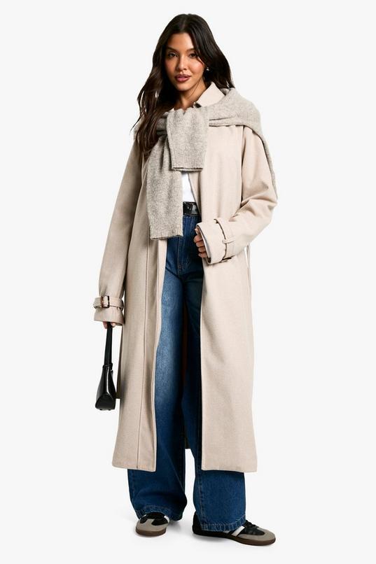 Belted Herringbone Wool Look Coat by BOOHOO