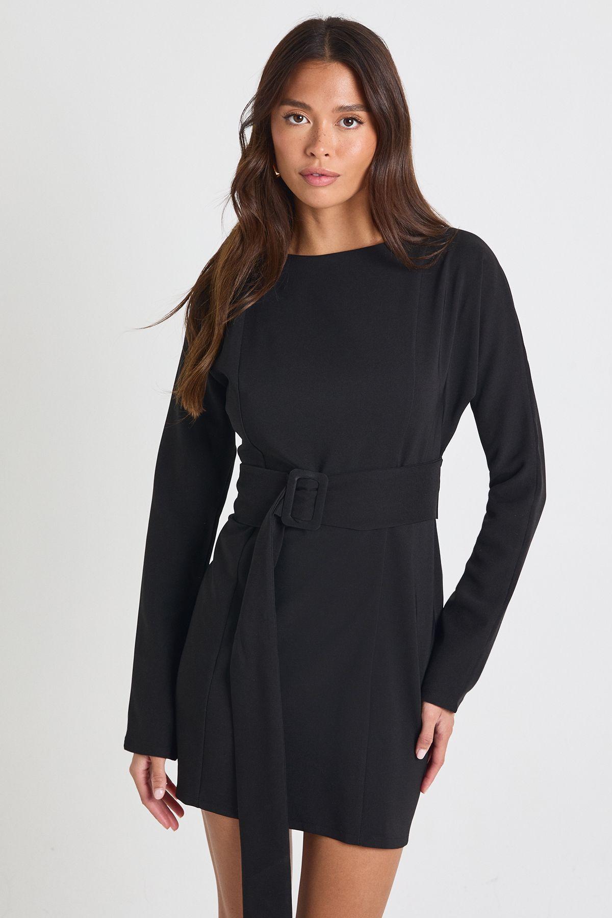 Belted Long Sleeve Skater Dress by BOOHOO