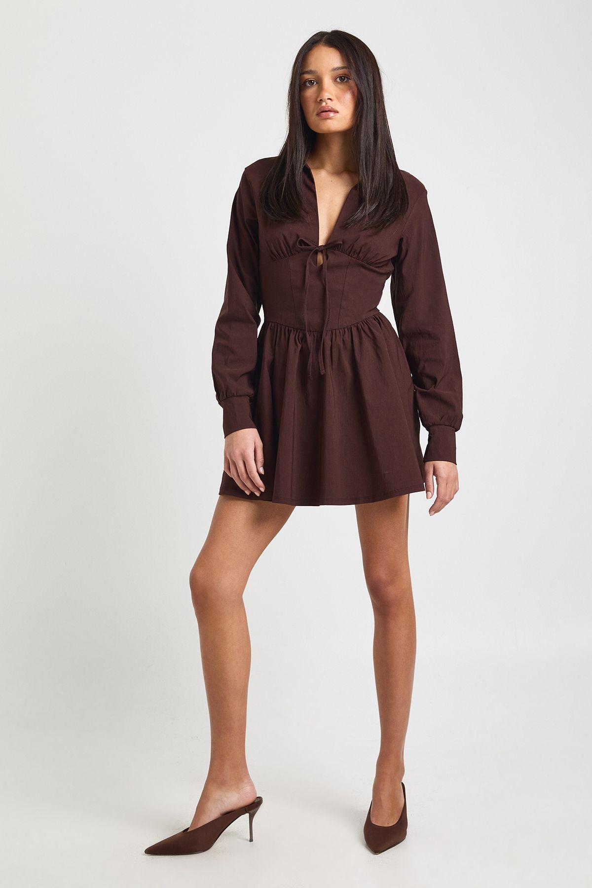 Bengaline Cinched Waist Long Sleeve Skater Shirt Dress by BOOHOO