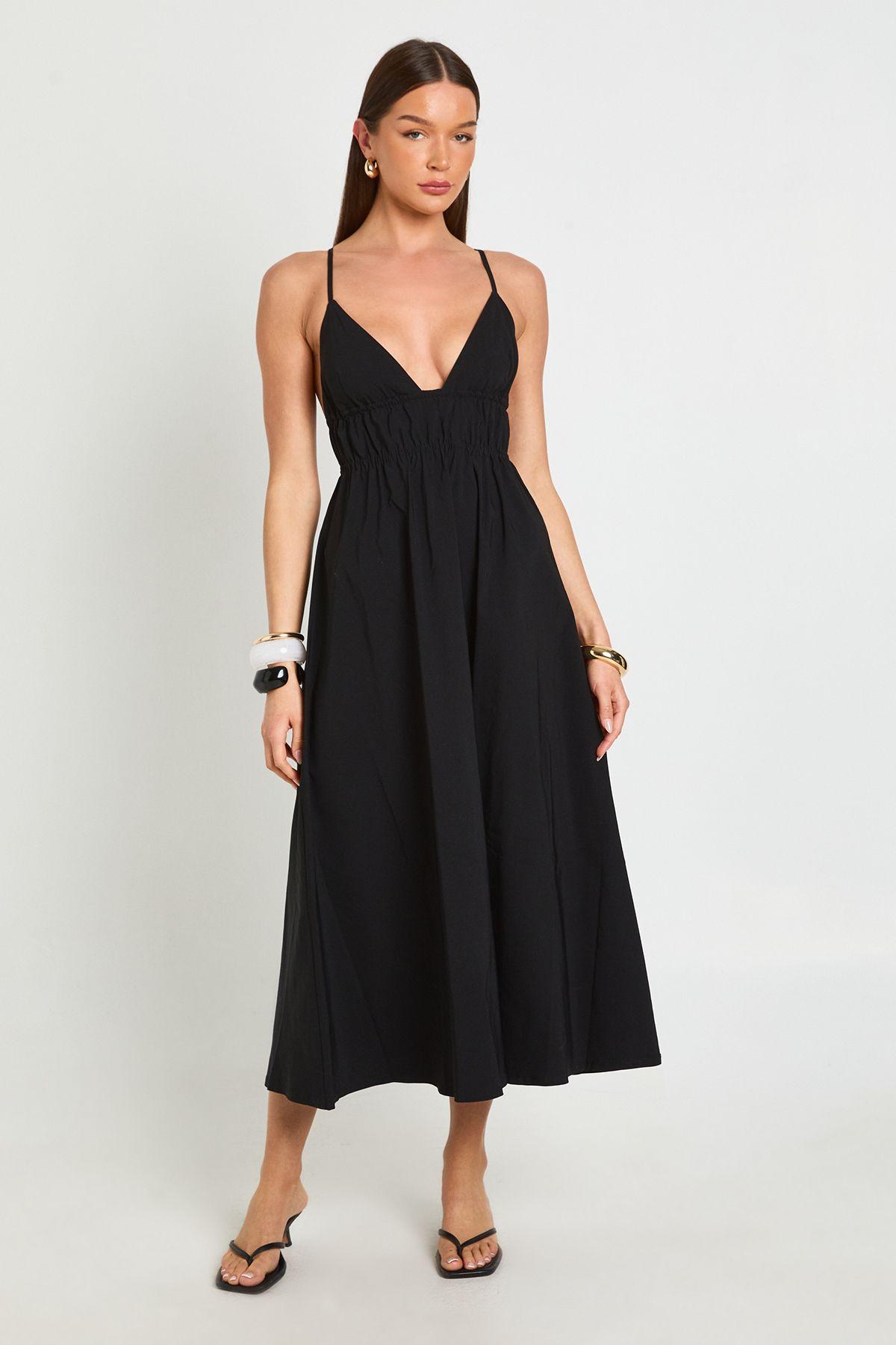 Bengaline Elasticated Waist Detail Cross Back Midaxi Dress by BOOHOO