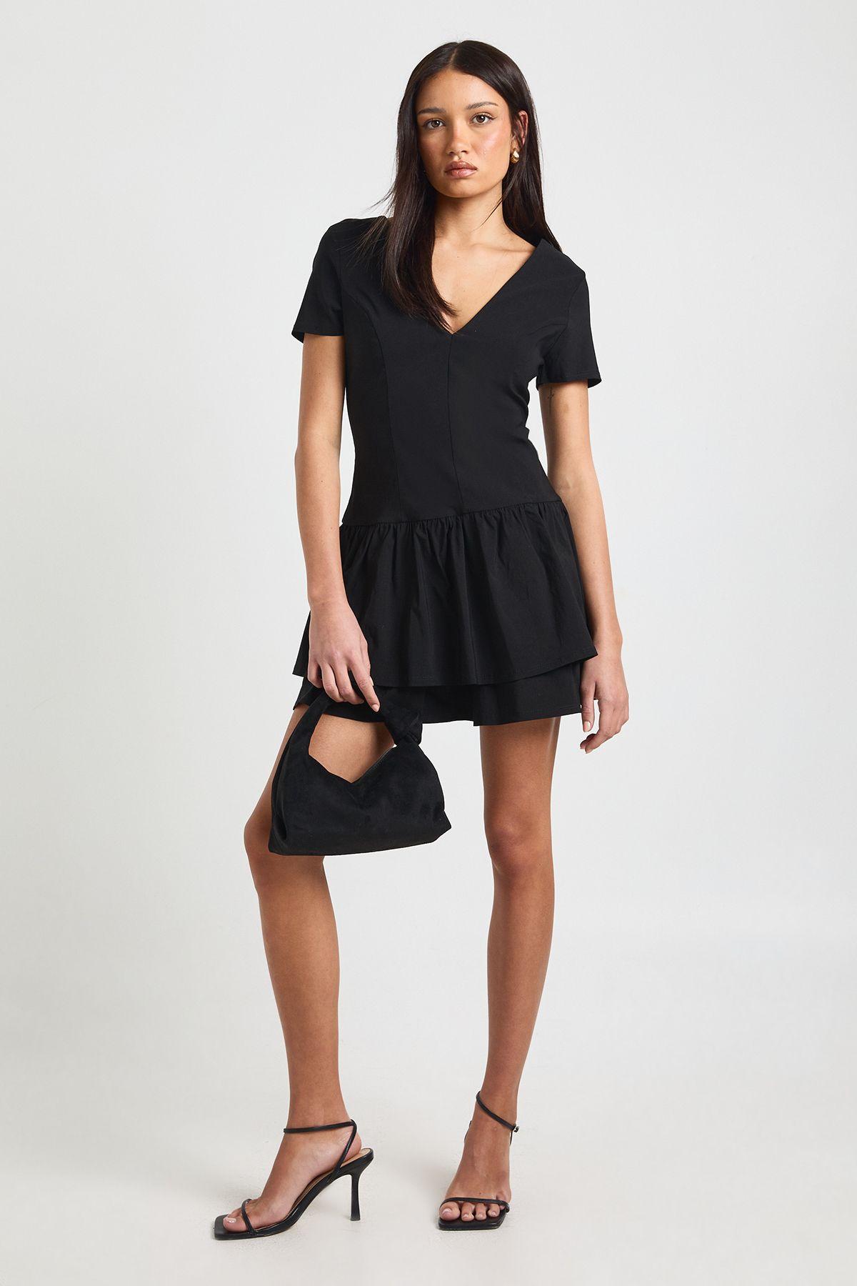 Bengaline V Neck Gathered Skirt Mini Dress by BOOHOO