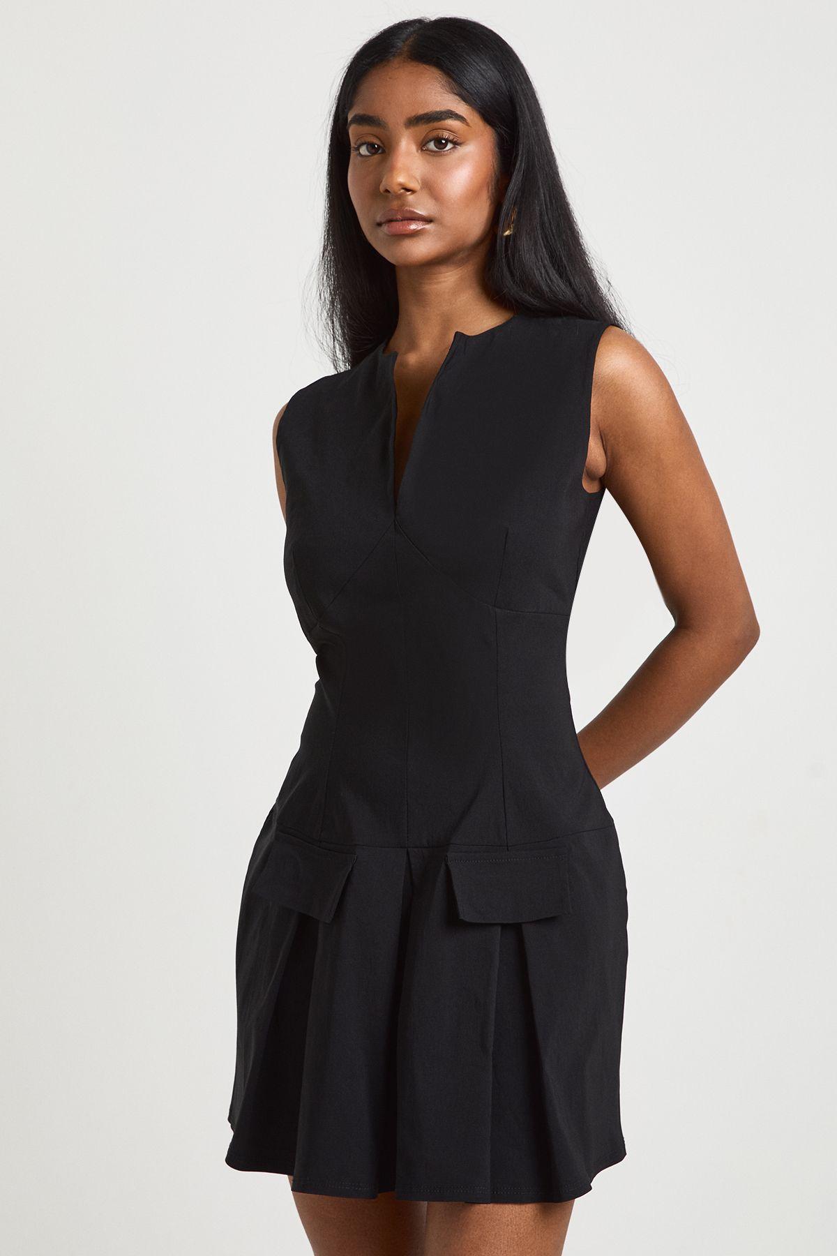 Bengaline V Neck Skater Skirt Tailored Dress by BOOHOO