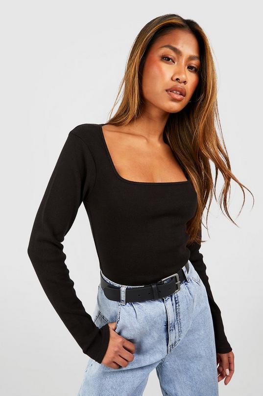 Black Basic Rib Square Neck Long Sleeve Bodysuit by BOOHOO